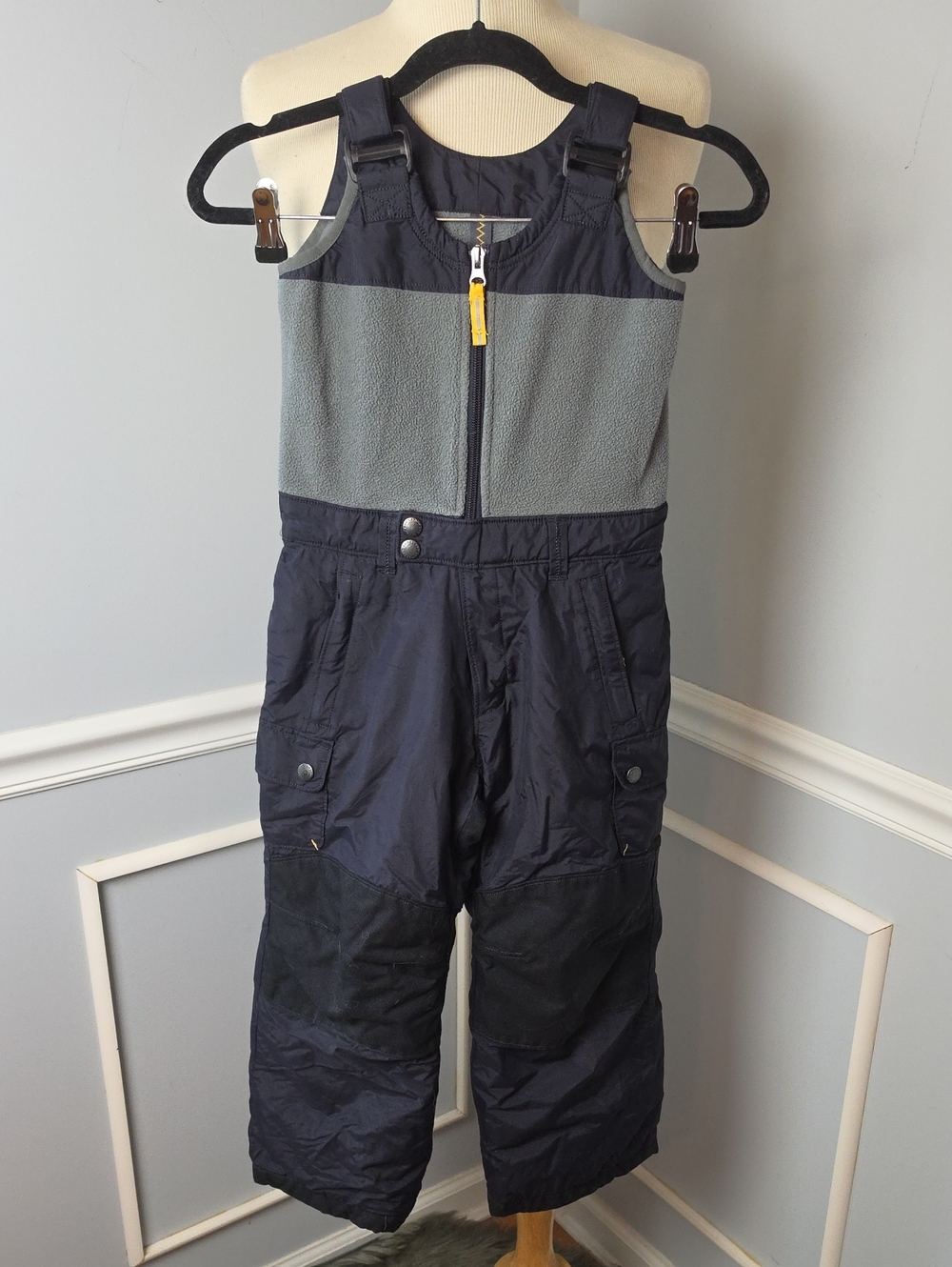 LANDS' END Navy Blue Gray Fleece Adjustable Straps Gorpcore Winter Snow Bibs 6